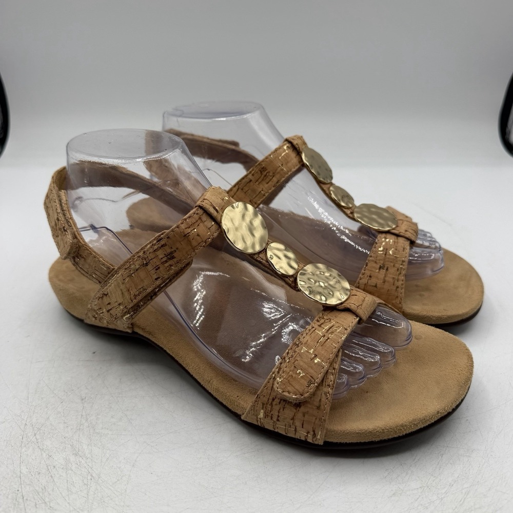 Vionic Farraโ Sandals Womens Sz 8 Cork Beige Gold Discs T-Strap Comfort Shoes